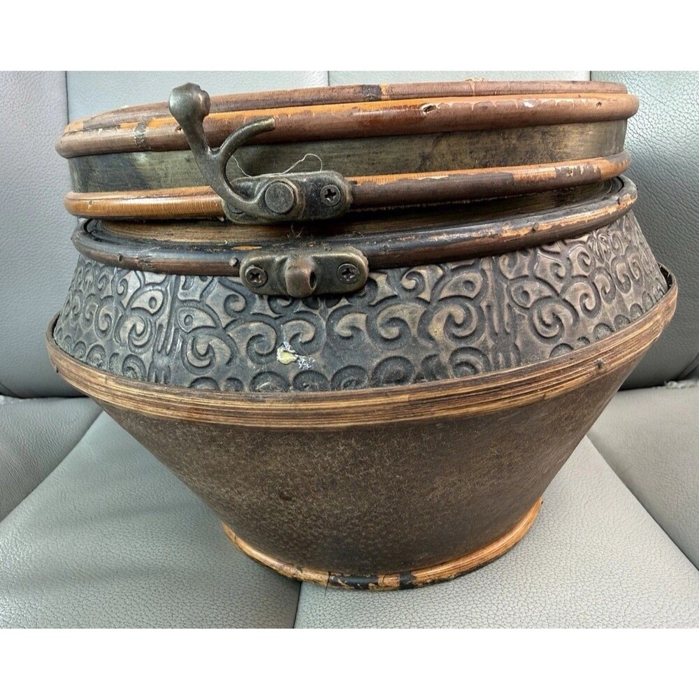 VTG 1890 Antique Wedding Basket From Rattan & Cane Carved Brass Band And Lock